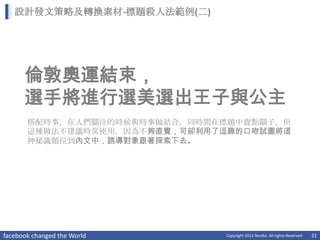 設計發文策略及轉換素材-標題殺人法範例(二)




      倫敦奧運結束，
      選手將進行選美選出王子與公主
       搭配時事，在人們關注的時候與時事做結合，同時間在標題中賣點關子，但
       這種做法不建議時常使用，因為不夠直覺，可卻利用了逗趣的口吻試圖將這
       神秘議題拉到內文中，誘導對象跟著探索下去。




facebook changed the World     Copyright 2012 Norika. All rights Reserved   32
 