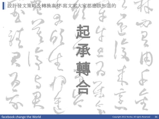 設計發文策略及轉換素材-寫文案大家都應該知道的




                            起
                            承
                            轉
                            合
facebook change the World       Copyright 2012 Norika. All rights Reserved   36
 