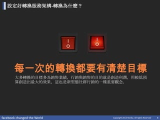 設定好轉換服務架構-轉換為什麼？




       每一次的轉換都要有清楚目標
        大多轉換的目標多為銷售業績，行銷與銷售的目的就是創造利潤，用較低預
        算創造出最大的效果，這也是新型態社群行銷的一種重要觀念。




facebook changed the World      Copyright 2012 Norika. All rights Reserved   4
 