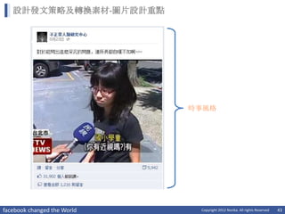 設計發文策略及轉換素材-圖片設計重點




                             時事風格




facebook changed the World    Copyright 2012 Norika. All rights Reserved   43
 