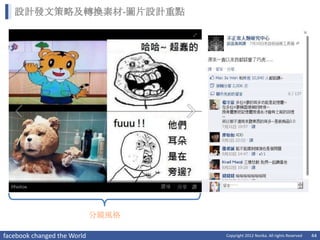 設計發文策略及轉換素材-圖片設計重點




                             分鏡風格

facebook changed the World          Copyright 2012 Norika. All rights Reserved   44
 