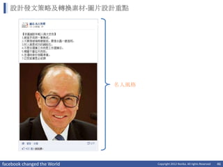 設計發文策略及轉換素材-圖片設計重點




                             名人風格




facebook changed the World          Copyright 2012 Norika. All rights Reserved   46
 