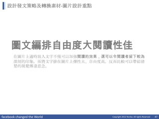 設計發文策略及轉換素材-圖片設計重點




     圖文編排自由度大閱讀性佳
       在圖片上適時放入文字不僅可以加強閱讀的效果，還可以令閱讀者留下較為
       深刻的印象，而將文字排在圖片上彈性大、自由度高，反而比較可以帶給清
       楚的視覺傳達意念。




facebook changed the World     Copyright 2012 Norika. All rights Reserved   47
 