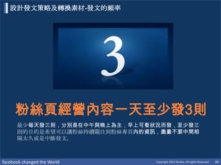 設計發文策略及轉換素材-發文的頻率




     粉絲頁經營內容一天至少發3則
      最尐每天發三則，分別是在中午與晚上為主，早上可看狀況而發，至少發三
      則的目的是希望可以讓粉絲持續關注到粉絲專頁內的資訊，盡量不要中間相
      隔太久或是中斷發文。



facebook changed the World     Copyright 2012 Norika. All rights Reserved   49
 