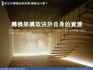 設定好轉換服務架構-轉換為什麼？




           轉換架構取決於自身的資源
        設計架構前，其實先認清楚轉換並不需要太多的層次，最單純的架構一樣可
        以做到適當的銷售轉換。




facebook changed the World      Copyright 2012 Norika. All rights Reserved   5
 