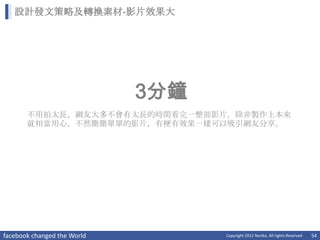 設計發文策略及轉換素材-影片效果大




                             3分鐘
       不用拍太長，網友大多不會有太長的時間看完一整部影片，除非製作上本來
       就相當用心，不然簡簡單單的影片，有梗有效果一樣可以吸引網友分享。




facebook changed the World         Copyright 2012 Norika. All rights Reserved   54
 