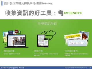 設計發文策略及轉換素材-善用Evernote


    收集資訊的好工具：




facebook change the World   Copyright 2012 Norika. All rights Reserved   59
 