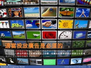 提高銷售轉換率-廣告應用




    適當投放廣告是必須的
     廣告之所以常被認定無效是因為從目標族群設定開始就錯誤，經營者、管理者誤
     認為自己的產品所適合之對象為設定之目標，但廣告的精準度卻必須建立在長期
     監控以及反覆修改操作下而來。



facebook changed the World    Copyright 2012 Norika. All rights Reserved   62
 