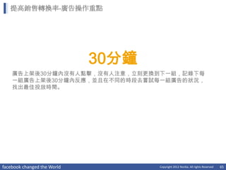 提高銷售轉換率-廣告操作重點




                             30分鐘
    廣告上架後30分鐘內沒有人點擊，沒有人注意，立刻更換到下一組，記錄下每
    一組廣告上架後30分鐘內反應，並且在不同的時段去嘗試每一組廣告的狀況，
    找出最佳投放時間。




facebook changed the World          Copyright 2012 Norika. All rights Reserved   65
 