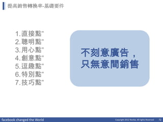 提高銷售轉換率-基礎要件




        1.直接點”
        2.聰明點”
        3.用心點”
        4.創意點”
                             不刻意廣告，
        5.逗趣點”               只無意間銷售
        6.特別點”
        7.技巧點”




facebook changed the World      Copyright 2012 Norika. All rights Reserved   72
 