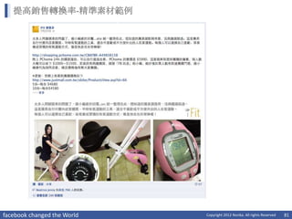 提高銷售轉換率-精準素材範例




facebook changed the World   Copyright 2012 Norika. All rights Reserved   81
 