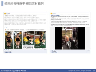 提高銷售轉換率-相似素材範例




facebook changed the World   Copyright 2012 Norika. All rights Reserved   83
 