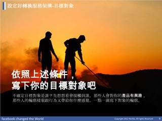設定好轉換服務架構-目標對象




     依照上述條件，
     寫下你的目標對象吧
      不確定目標對象是誰？先想想看會接觸到誰，那些人會對你的產品有興趣，
      那些人的輪廓樣貌跟行為又帶給你什麼感覺，一點一滴寫下對象的輪廓。



facebook changed the World     Copyright 2012 Norika. All rights Reserved   9
 