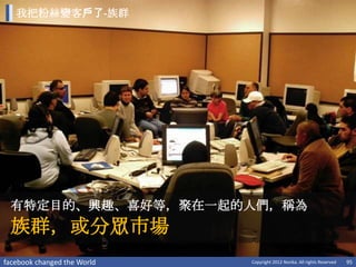 我把粉絲變客戶了-族群




 有特定目的、興趣、喜好等，聚在一起的人們，稱為
 族群，或分眾市場
facebook changed the World   Copyright 2012 Norika. All rights Reserved   95
 