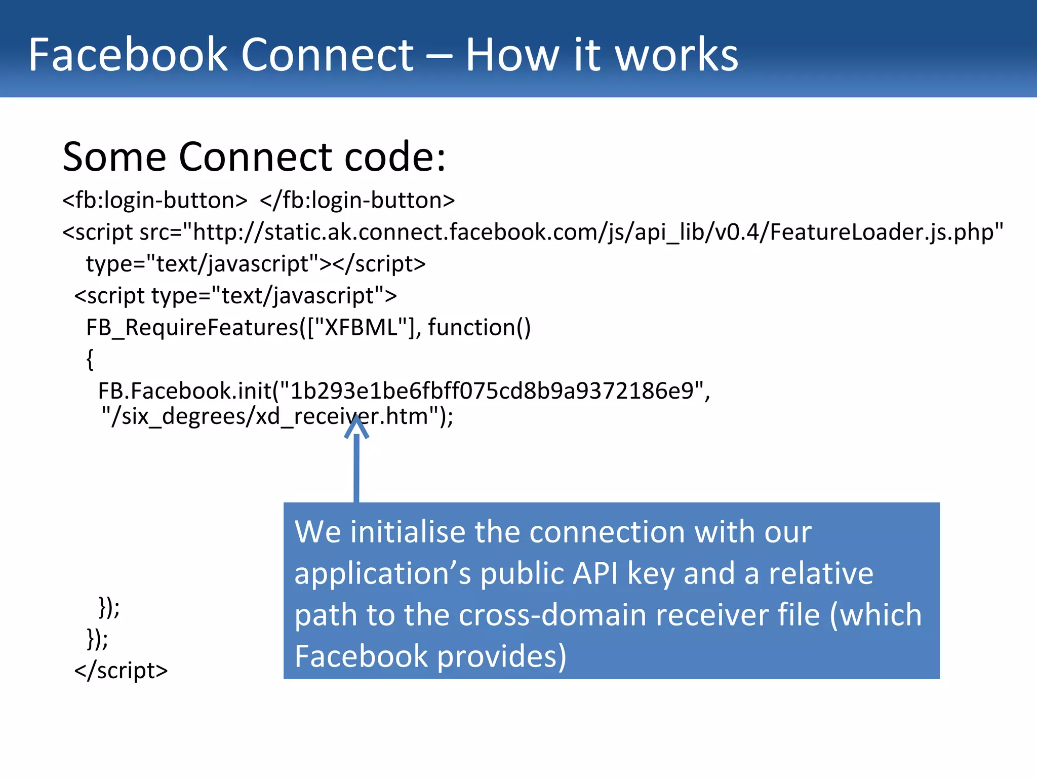 Facebook Connect – How it works Some Connect code: <fb:login-button>  </fb:login-button> <script src="http://static.ak.connect.facebook.com/js/api_lib/v0.4/FeatureLoader.js.php" type="text/javascript"></script> <script type="text/javascript"> FB_RequireFeatures(["XFBML"], function() { FB.Facebook.init("1b293e1be6fbff075cd8b9a9372186e9",  "/six_degrees/xd_receiver.htm"); }); }); </script> We initialise the connection with our application’s public API key and a relative path to the cross-domain receiver file (which Facebook provides) 
