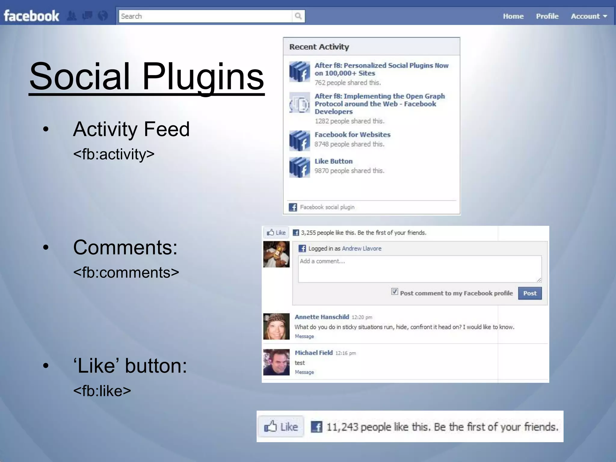 Social Plugins
•   Activity Feed
    <fb:activity>




•   Comments:
    <fb:comments>




•   „Like‟ button:
    <fb:like>
 