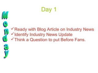 Day 1


Ready with Blog Article on Industry News
Identify Industry News Update
Think a Question to put Before Fans.
 