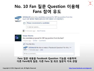 No. 10 Fan 질문 Question 이용해
                          Fans 참여 유도




                     Fans 질문 내용을 Facebook Question 기능을 사용하여
                     다른 Fans에게 질문, 다른 Fans 및 최초 질문자 지속 관찰

Copyright @ 2011 Edgerank Lab. All Rights Reserved   http://www.facebook.com/edgerank
 