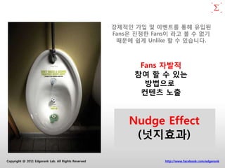 강제적인 가입 및 이벤트를 통해 유입된
                                                     Fans은 짂정한 Fans이 라고 볼 수 없기
                                                      때문에 쉽게 Unlike 할 수 있습니다.



                                                           Fans 자발적
                                                          참여 할 수 있는
                                                            방법으로
                                                           컨텐츠 노출


                                                         Nudge Effect
                                                          (넛지효과)

Copyright @ 2011 Edgerank Lab. All Rights Reserved                http://www.facebook.com/edgerank
 
