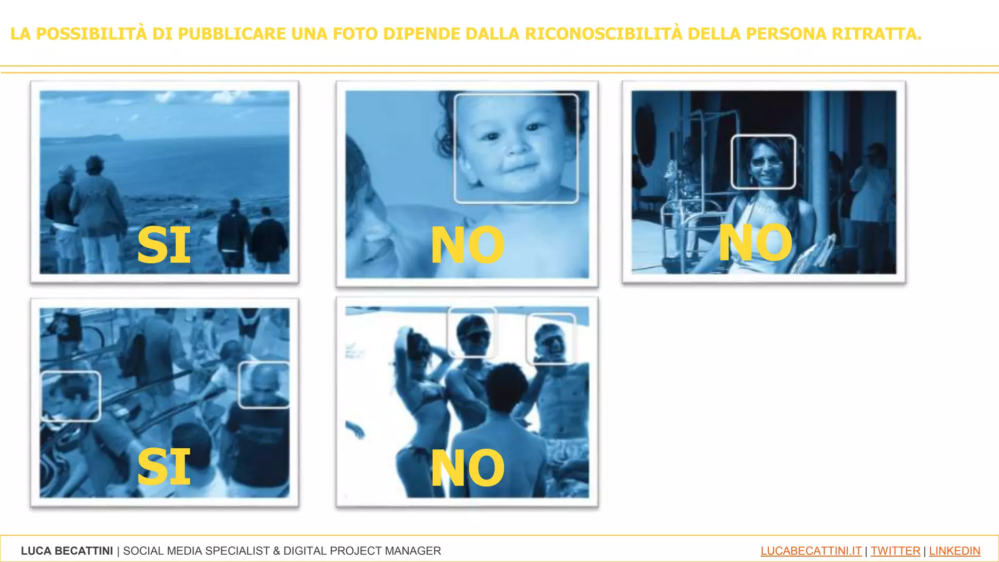 LUCA BECATTINI | SOCIAL MEDIA SPECIALIST & DIGITAL PROJECT MANAGER LUCABECATTINI.IT | TWITTER | LINKEDIN
LA POSSIBILITÀ DI PUBBLICARE UNA FOTO DIPENDE DALLA RICONOSCIBILITÀ DELLA PERSONA RITRATTA.
SI
SI NO
NO NO
 