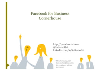 Facebook for Business
Cornerhouse
http://prandsocial.com
@katiemoffat
linkedin.com/in/katiemoffat
All	
  material	
  copyright	
  
Ka1e	
  Moﬀat	
  2013,	
  not	
  to	
  
be	
  reproduced	
  without	
  
permission	
  
 