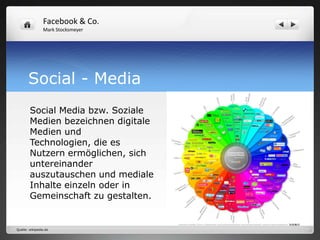 Facebook & Co.
                Mark Stocksmeyer




       Social - Media
        Social Media bzw. Soziale
        Medien bezeichnen digitale
        Medien und
        Technologien, die es
        Nutzern ermöglichen, sich
        untereinander
        auszutauschen und mediale
        Inhalte einzeln oder in
        Gemeinschaft zu gestalten.


Quelle: wikipedia.de
 