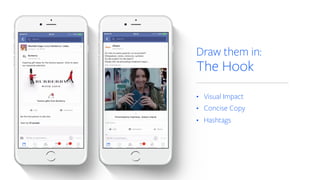 Draw them in:
The Hook
• Visual Impact
• Concise Copy
• Hashtags
 