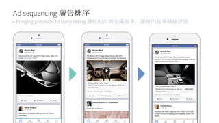 Ad sequencing 廣告排序
• Bringing precision to story telling 讓你的品牌充滿故事，讓你的故事精確投放
 