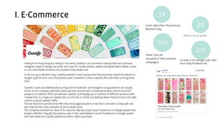 I. E-Commerce
Hailing from Hong Kong but selling to the world, Casetify is an ecommerce startup that turns personal
Instagram snaps or designs by artists into cases for mobile phones, tablets and Apple Watch bands. It aims
to turn memorable moments into products that people love.
In the run-up to Mother’s Day, Casetify wanted to reach people who had previously visited the website or
bought a gift for their mum the previous year. It wanted to share a special offer with them to bring them
back.
Casetify’s cases are aesthetically stunning and its Facebook- and Instagram-using audiences are visually
driven, so the company used both photo ads and carousel ads to showcase product photos and drive
people to its website. With carousel ads, Casetify could display up to 5 photos of different products with
multiple links in a single ad. Casetify also ran link ads in mobile and desktop News Feed and and in the right
column to boost website traffic.
The ads featured a promotional offer that encouraged people to treat their mum with a unique gift and
also inspired them with examples of personalized cases.
The company unlocked the value of its customer data by using Custom Audiences to retarget people who
bought a Mother’s Day gift the previous year. It also used website Custom Audiences to retarget people
who had visited the Casetify website but didn’t make a purchase.
3X
3X
50%
20%
more sales than the previous
Mother’s Day
Return on ad spend
lower cost per
acquisition than previous
campaigns
increase in the average order value
since using Facebook Ads
 