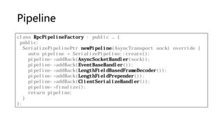 Pipeline
class RpcPipelineFactory : public … {
public:
SerializePipelinePtr newPipeline(AsyncTransport sock) override {
auto pipeline = SerializePipeline::create();
pipeline->addBack(AsyncSocketHandler(sock));
pipeline->addBack(EventBaseHandler());
pipeline->addBack(LengthFieldBasedFrameDecoder());
pipeline->addBack(LengthFieldPrepender());
pipeline->addBack(ClientSerializeHandler());
pipeline->finalize();
return pipeline;
}
};
 