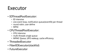 Executor
• IOThreadPoolExecutor:
• IO intensive
• one event loop, notification queue(eventfd) per thread
• round robin, user define
• MPSC
• CPUThreadPoolExecutor:
• CPU intensive
• multi-threads single queue
• MPMC Queue, LIFO wakeup, cache efficiency
• ThreadedExecutor
• FiberIOExecutor(stackful)
• FutureExecutor
 