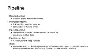 Pipeline
• HandlerContext:
• transmit events between handlers
• In/OutboundLink:
• link handlers together in order
• call handler to handle events
• PipelineContext:
• derived from HandlerContext and In/OutboundLink
• directions: In, Out, Both
• Pipeline<In, Out>:
• HandlerContext: wrap Handler
• chain:
• event (like read) --> PipelineContext (as In/OutboundLink)::read -->Handler::read -->
PipelineContext (as HandlerContext)::fireRead -->NextHandler::read --> …
 