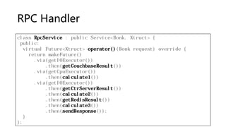 RPC Handler
class RpcService : public Service<Bonk, Xtruct> {
public:
virtual Future<Xtruct> operator()(Bonk request) override {
return makeFuture()
.via(getIOExecutor())
.then(getCouchbaseResult())
.via(getCpuExecutor())
.then(calculate1())
.via(getIOExecutor())
.then(getCtrServerResult())
.then(calculate2())
.then(getRedisResult())
.then(calculate3())
.then(sendResponse());
}
};
 