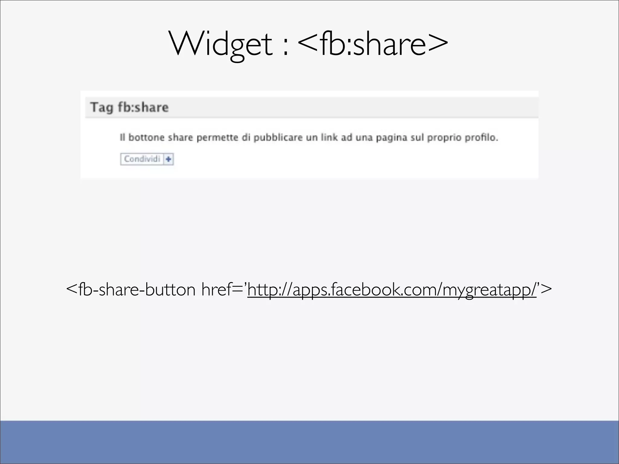 Widget : <fb:share>




<fb-share-button href=’http://apps.facebook.com/mygreatapp/’>
 