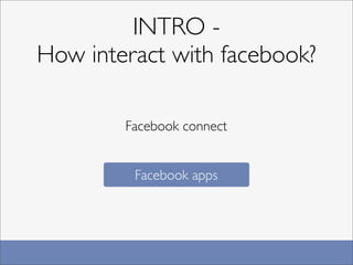 INTRO -
How interact with facebook?

        Facebook connect


         Facebook apps
 