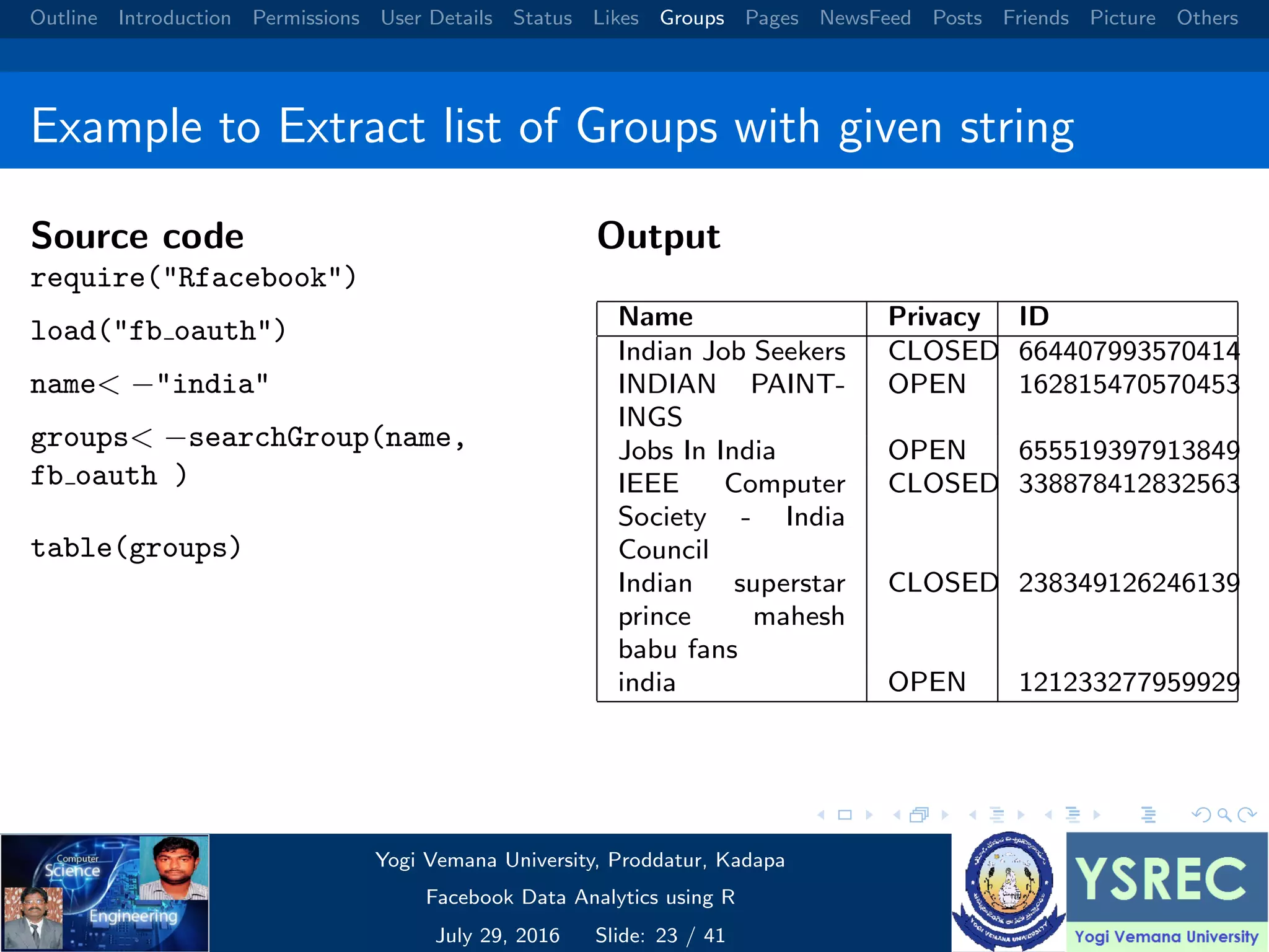 Outline Introduction Permissions User Details Status Likes Groups Pages NewsFeed Posts Friends Picture Others Example to Extract list of Groups with given string Source code require("Rfacebook") load("fb oauth") name< −"india" groups< −searchGroup(name, fb oauth ) table(groups) Output Name Privacy ID Indian Job Seekers CLOSED 664407993570414 INDIAN PAINT- INGS OPEN 162815470570453 Jobs In India OPEN 655519397913849 IEEE Computer Society - India Council CLOSED 338878412832563 Indian superstar prince mahesh babu fans CLOSED 238349126246139 india OPEN 121233277959929 Yogi Vemana University, Proddatur, Kadapa Facebook Data Analytics using R July 29, 2016 Slide: 23 / 41 