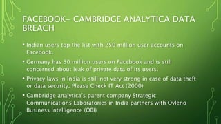 FACEBOOK- CAMBRIDGE ANALYTICA DATA
BREACH
• Indian users top the list with 250 million user accounts on
Facebook.
• Germany has 30 million users on Facebook and is still
concerned about leak of private data of its users.
• Privacy laws in India is still not very strong in case of data theft
or data security. Please Check IT Act (2000)
• Cambridge analytica’s parent company Strategic
Communications Laboratories in India partners with Ovleno
Business Intelligence (OBI)
 