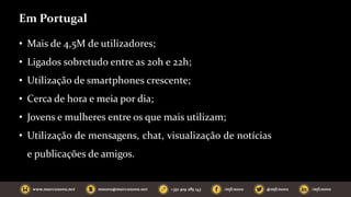 Em Portugal
• Mais de 4,5M de utilizadores;
• Ligados sobretudo entre as 20h e 22h;
• Utilização de smartphones crescente;
• Cerca de hora e meia por dia;
• Jovens e mulheres entre os que mais utilizam;
• Utilização de mensagens, chat, visualização de notícias
e publicações de amigos.
 