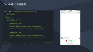 傳送訊息
（Send API）
FACEBOOK SERVER
Send API
透過 Webhook 取得 PSID（Page-Scoped ID），並以粉絲團權限（Access Token）請求對留
言者的回應
 