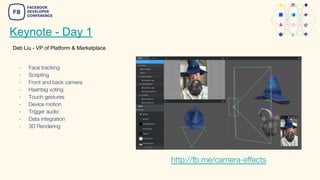 Keynote - Day 1
Deb Liu - VP of Platform & Marketplace
- Face tracking
- Scripting
- Front and back camera
- Hashtag voting
- Touch gestures
- Device motion
- Trigger audio
- Data integration
- 3D Rendering
http://fb.me/camera-effects
 