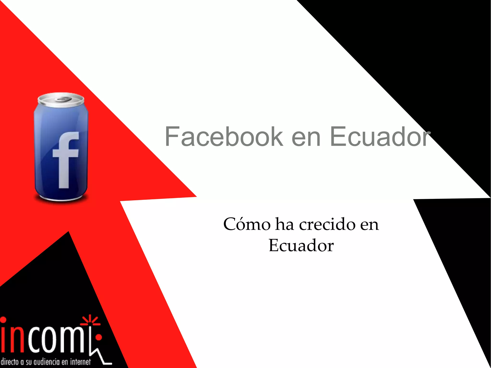Ecuador fue el 2do país en el mundo con más crecimiento en Facebook(comparando las 2 últimas semanas de Junio/2009) http://www.checkfacebook.comTiempoInvertido12FUENTE: GOOGLELa tendencia de Hi5 es a la baja desde Octubre del 2008 donde alcanzó su nivel más alto de actividad en el país (cerca de 150,000 visitantes diarios); mientras que Facebook se ha mantenido en un incremento constante de visitas únicas diarias desde Junio del 2007, cuando comenzó su adopción en el EcuadorQuéhacemos los ecuatorianos en Internet13La SUPERTEL realizóunaencuesta a 440 personas de 20 provinciaspara saber quehacen en la red (10/2008)