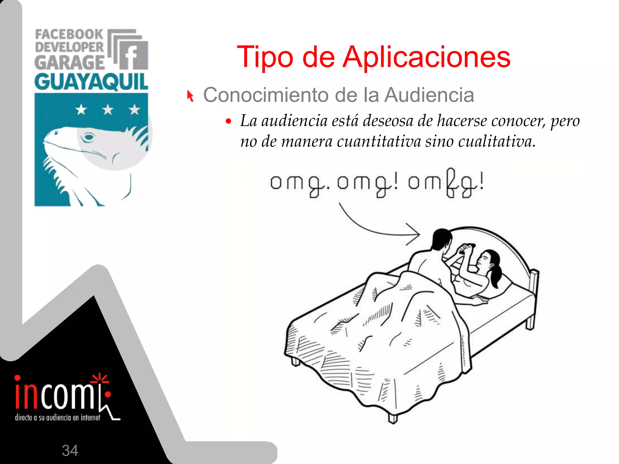 Tipo de AplicacionesObjetivos de las APPsIncrementar presencia de marca en los muros de los usuarios (viralidad)Permitirinteractividad con la marcaOfrecercontenido “personalizado”Establecer mayor tiempo en contacto con la marca.Conocer a los clientesViralidad + Interactividad + Personalización + Tiempo + Conocimiento – MenorCosto = SANTO GRIAL de lasAplicaciones33