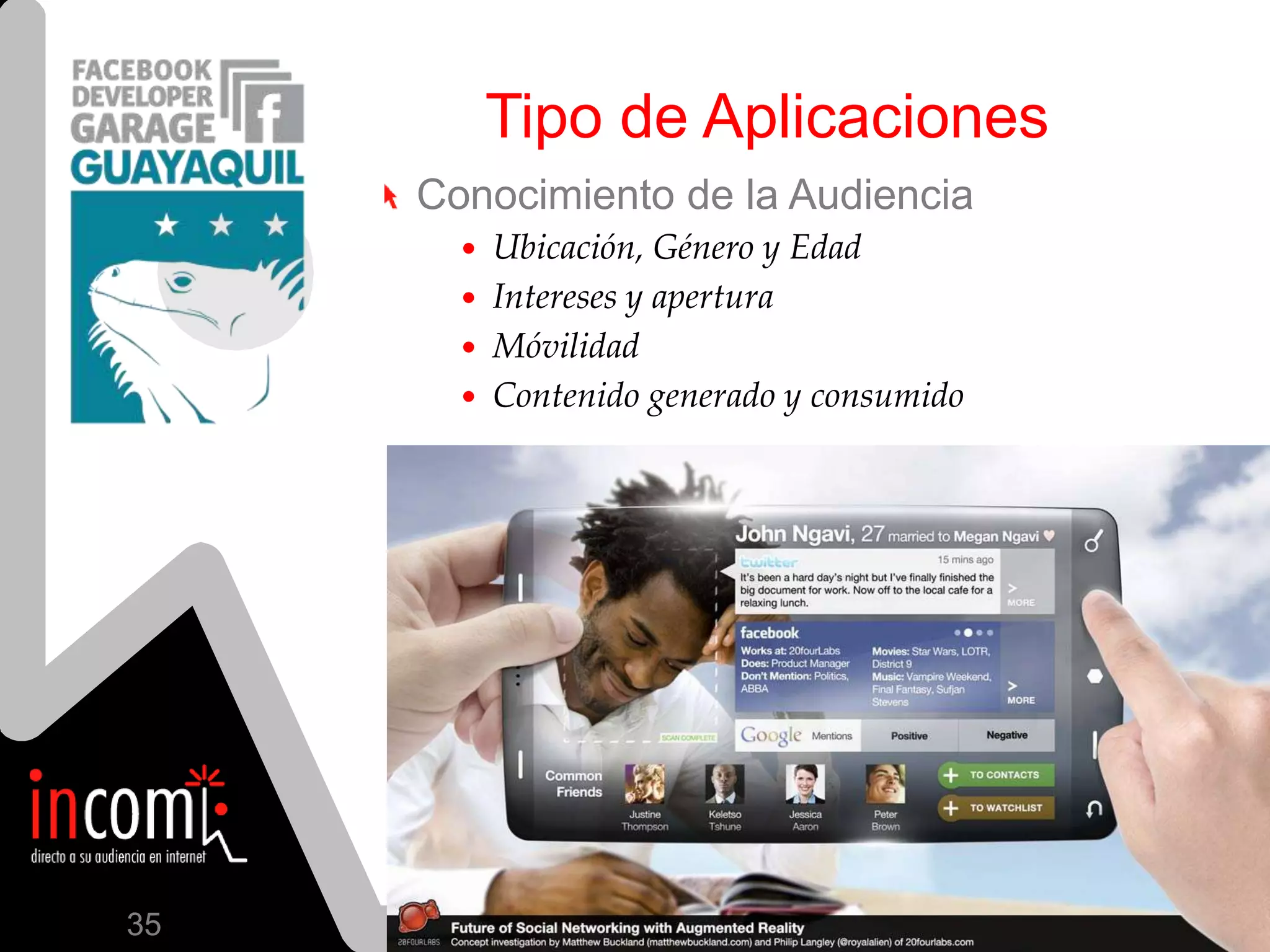 Tipo de AplicacionesConocimiento de la AudienciaLa audiencia está deseosa de hacerse conocer, pero no de manera cuantitativa sino cualitativa.34