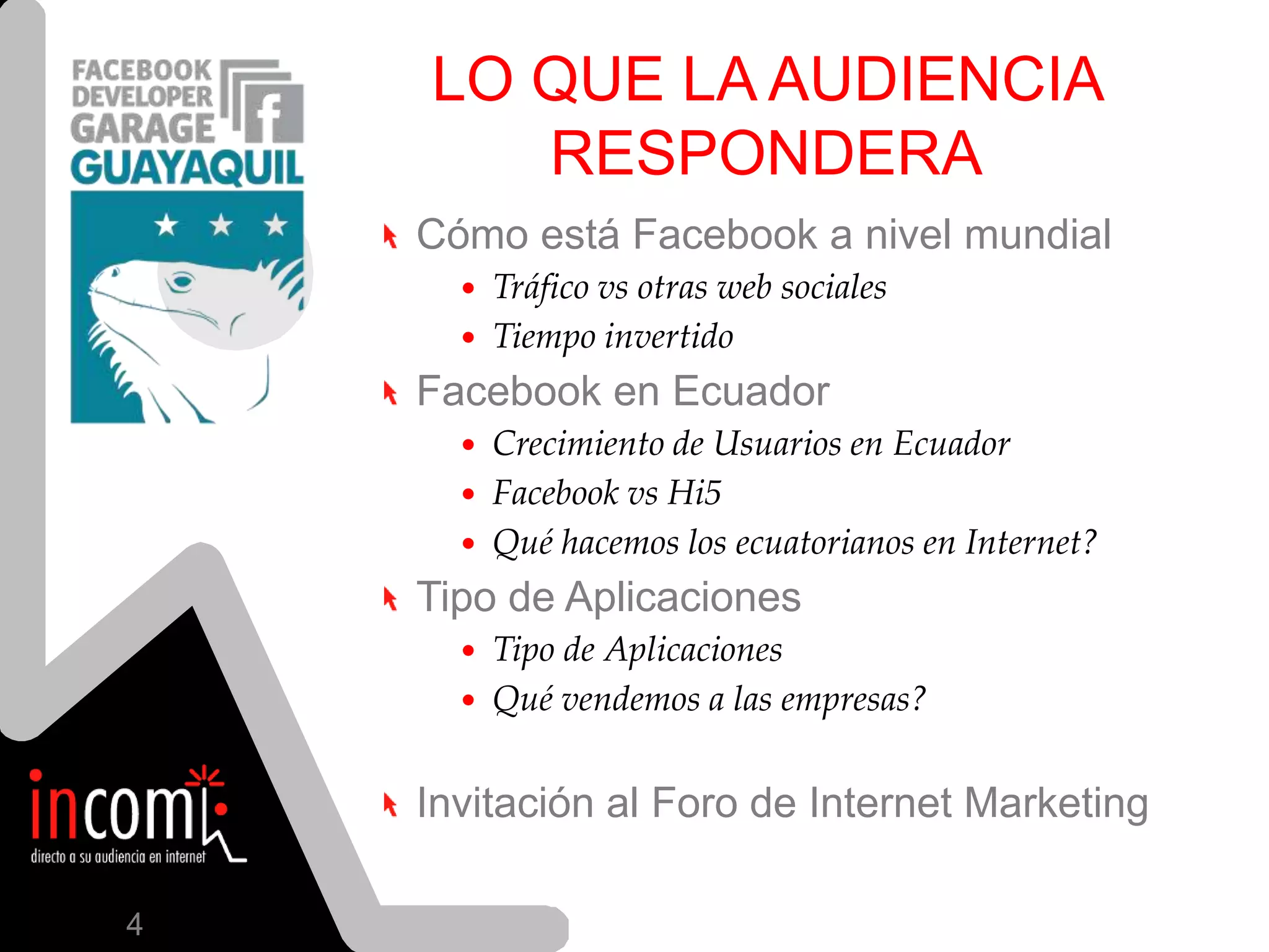 LO QUE LA AUDIENCIA RESPONDERACómo está Facebook a nivel mundialTráfico vs otras web socialesTiempo invertidoFacebook en Ecuador Crecimiento de Usuarios en EcuadorFacebook vs Hi5Qué hacemos los ecuatorianos en Internet?Tipo de Aplicaciones Tipo de AplicacionesQué vendemos a las empresas?Invitación al Foro de Internet Marketing4