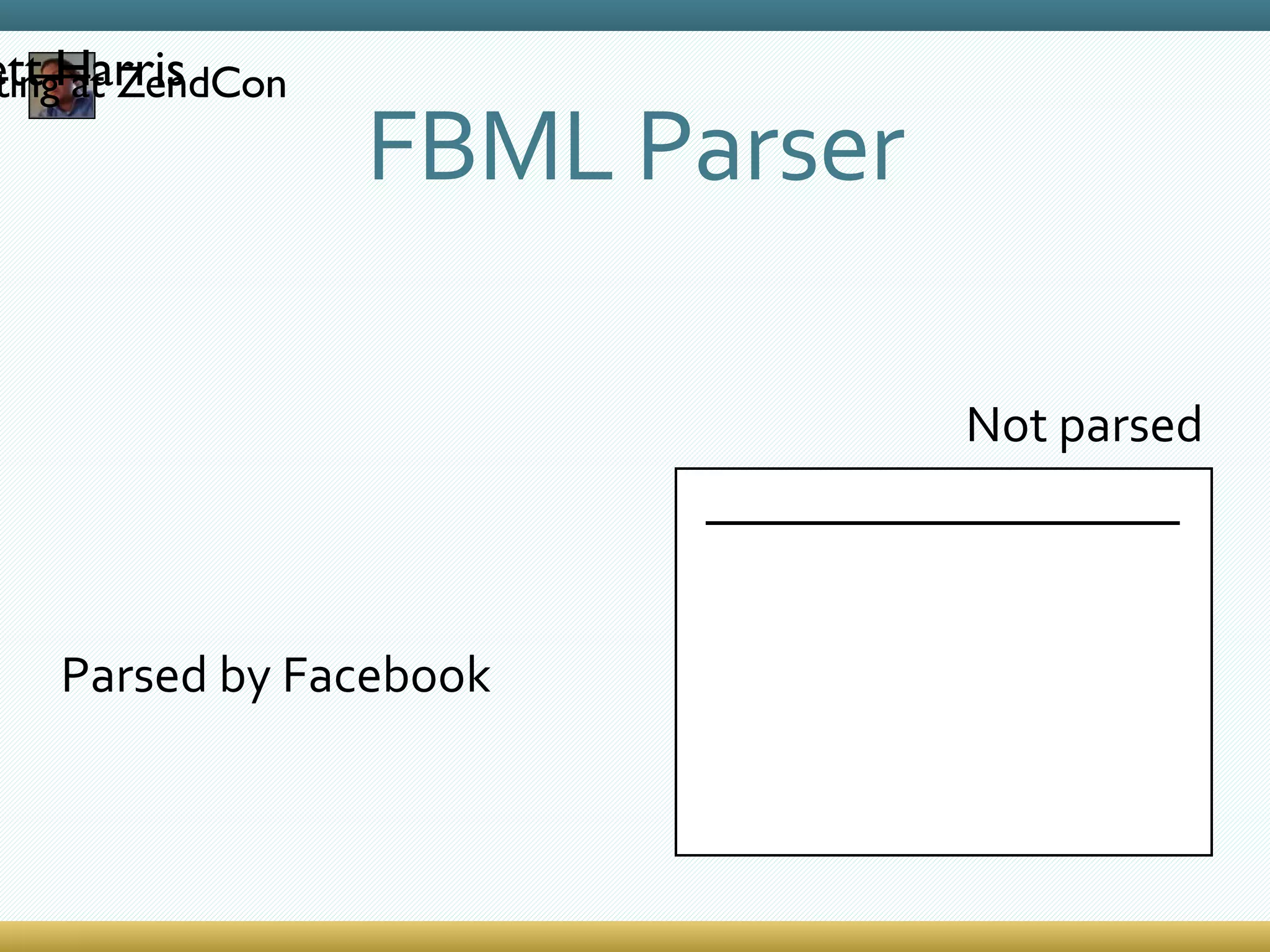 FBML Parser Parsed by Facebook Not parsed Brett Harris is presenting at ZendCon 