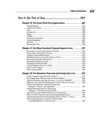 Table of Contents                 xix
Part V: The Part of Tens ............................................ 285
    Chapter 16: Ten Great Third-Party Applications . . . . . . . . . . . . . . . . .287
         Typing Maniac.............................................................................................. 287
         Austin City Limits ........................................................................................ 288
         Lala ................................................................................................................ 288
         Groupcard .................................................................................................... 288
         Digg ................................................................................................................ 289
         Graffiti ........................................................................................................... 289
         Carpool by Zimride ..................................................................................... 289
         Visual Bookshelf .......................................................................................... 290
         My Diet .......................................................................................................... 290
         Restaurant City ............................................................................................ 290

    Chapter 17: Ten Ways Facebook Uniquely Impacts Lives . . . . . . . . .291
         Keeping in Touch with Summer Friends .................................................. 291
         Preparing to Head Off to School ................................................................ 292
         Going on Not-So-Blind Dates ...................................................................... 292
         Meeting People in Your New City or Town .............................................. 293
         Reconnecting with Old Friends.................................................................. 293
         Keeping Up with the ’rents ......................................................................... 294
         Keeping Up with the Kids ........................................................................... 294
         Facebooking for Food (or Jobs)................................................................. 295
         Goin’ to the Chapel ...................................................................................... 296
         Hey, Facebook Me! ....................................................................................... 296

    Chapter 18: Ten Questions That Leah and Carolyn Get a Lot . . . . . . .297
         Is My Computer Infected with a Virus? ..................................................... 297
         Do People Know When I Look at Their Profiles? ..................................... 298
         I Have a Problem with My Account — Can You Help Me? ..................... 299
         What Do I Do with Friend Requests I Don’t Want to Accept? ................ 300
         What’s the Difference between Facebook,
            MySpace, Twitter, and LinkedIn? ........................................................... 301
         I Keep Getting Invites for Those App
            Thingies — Should I Accept Them? ....................................................... 302
         How Do I Convince My Friends to Join Facebook?.................................. 302
         What if I Don’t Want Everyone Knowing My Business? .......................... 303
         I Heard Facebook Owns Everything I Put on There — True? ................ 303
         Does Facebook Have a Feature That Lets Me
            Lock Myself Out for a Few Hours? ......................................................... 304
 