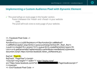 www.CPCStrategy.com | 619.501.6138 | contact@cpcstrategy.com
Implementing a Custom Audience Pixel with Dynamic Element
✓ This pixel will go on every page in the header section.
Paste it between the <head> and </head> in your website
code.
The pixel will track visits to every page of your website.
<!-- Facebook Pixel Code -->
<script>
!function(f,b,e,v,n,t,s){if(f.fbq)return;n=f.fbq=function(){n.callMethod?
n.callMethod.apply(n,arguments):n.queue.push(arguments)};if(!f._fbq)f._fbq=n;
n.push=n;n.loaded=!0;n.version='2.0';n.queue=[];t=b.createElement(e);t.async=!0;
t.src=v;s=b.getElementsByTagName(e)[0];s.parentNode.insertBefore(t,s)}(window,
document,'script','https://connect.facebook.net/en_US/fbevents.js');
fbq('init', 'Pixel ID);
fbq('track', "PageView");</script>
<noscript><img height="1" width="1" style="display:none"
src="https://www.facebook.com/tr?id=1538753803087565&ev=PageView&noscript=1"
/></noscript>
<!-- End Facebook Pixel Code -->
 