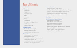 Table of Contents
Introduction
Definitions
Engagement
Engaged Users
Engagement Rate
Reach
Impressions
Stories
Consumptions
Consumption vs Engaged Users
Like Sources
Paid vs Organic Likes
Facebook Tactics
The New Facebook Insights
How to Increase Your Reach
How to Increase Your Impressions
Basic Analyses
How to Measure Your Facebook
Audience Beyond Fans
How to Determine Which Posts You Should
Promote With Facebook Ads
How to Measure the Impact of Visual Content
How to Deal With Negative Feedback
Advanced Analyses
How to Optimize for Graph Search
How Graph Search Can Simplify Your Facebook Strategy
Analyze to Take Advantage of News Feed Changes
How Analysis Can Help Identify Opportunities
Perform a Competitive Analysis in Your Industry
Conclusion
Simply Measured Sample Reports
Understand the Performance
of Your Brand’s Facebook Page(s)
Benchmark Your Brand’s Facebook
Performance Against Competitors
Measure Your Customer Service Efforts on Facebook
Compare Your Efforts on Facebook
Against Those on Other Social Networks
Additional Resources and Sources
 