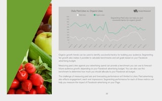 26
Organic growth trends can be used to identify successful tactics for building your audience. Segmenting
fan growth also makes it possible to calculate benchmarks and set goals based on your Facebook
advertising budget.
Measuring paid Likes against your advertising spend can provide a benchmark you can use to forecast
future audience growth, depending on your Facebook advertising budget. You can also use this
benchmark to determine how much you should allocate to your Facebook ad budget.
The challenge of measuring paid ads and forecasting performance isn’t limited to Likes. Paid advertising
also affects engagement, reach and impressions. Segmenting performance for each of these metrics can
help you measure the impact of Facebook advertising on your Page.
1,000
900
800
700
600
500
400
300
200
100
0
Daily Paid Likes vs. Organic Likes
Organic LikesPaid Likes
8/24/13
9/17/13
9/5/13
8/30/13
9/23/13
9/11/13
8/26/13
9/19/13
9/7/13
9/1/13
9/13/13
8/28/13
9/21/13
9/9/13
9/3/13
9/15/13
Segmenting Paid Likes can help you spot
successful tactics for organic growth.
 
