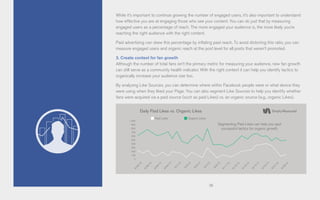 36
While it’s important to continue growing the number of engaged users, it’s also important to understand
how effective you are at engaging those who see your content. You can do just that by measuring
engaged users as a percentage of reach. The more engaged your audience is, the more likely you’re
reaching the right audience with the right content.
Paid advertising can skew this percentage by inflating paid reach. To avoid distorting this ratio, you can
measure engaged users and organic reach at the post level for all posts that weren’t promoted.
3. Create context for fan growth
Although the number of total fans isn’t the primary metric for measuring your audience, new fan growth
can still serve as a community health indicator. With the right context it can help you identify tactics to
organically increase your audience size too.
By analyzing Like Sources, you can determine where within Facebook people were or what device they
were using when they liked your Page. You can also segment Like Sources to help you identify whether
fans were acquired via a paid source (such as paid Likes) vs. an organic source (e.g., organic Likes).
1,000
900
800
700
600
500
400
300
200
100
0
Daily Paid Likes vs. Organic Likes
Organic LikesPaid Likes
8/24/13
9/17/13
9/5/13
8/30/13
9/23/13
9/11/13
8/26/13
9/19/13
9/7/13
9/1/13
9/13/13
8/28/13
9/21/13
9/9/13
9/3/13
9/15/13
Segmenting Paid Likes can help you spot
successful tactics for organic growth.
 